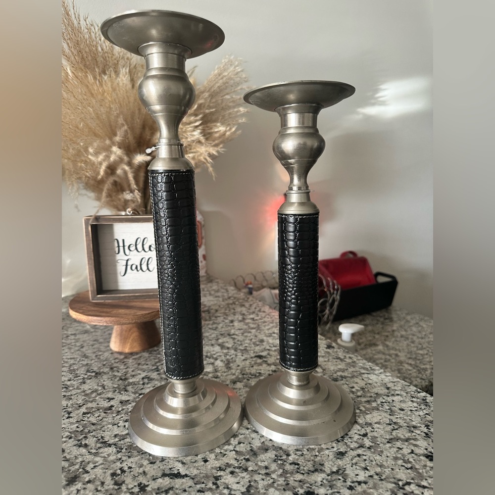 Candlestick Holder Set ~ Stainless Steel Base and Top Leather Shaft